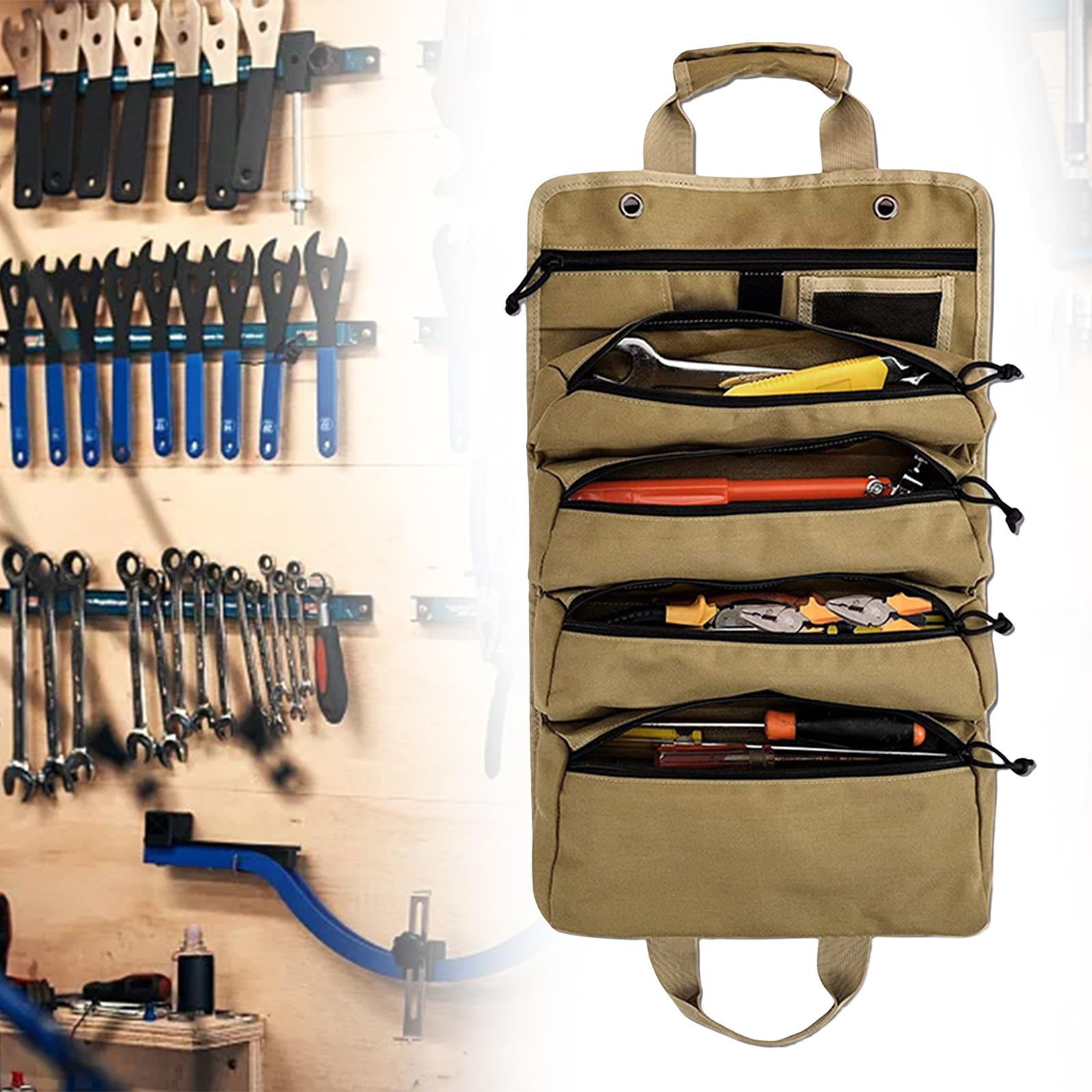 Roll up Tool Bag Organizer with 5 Different Pouches for Car Garage or Work Shop Professional Water Resistant Heavy Duty Compact Wrench Roll Khaki