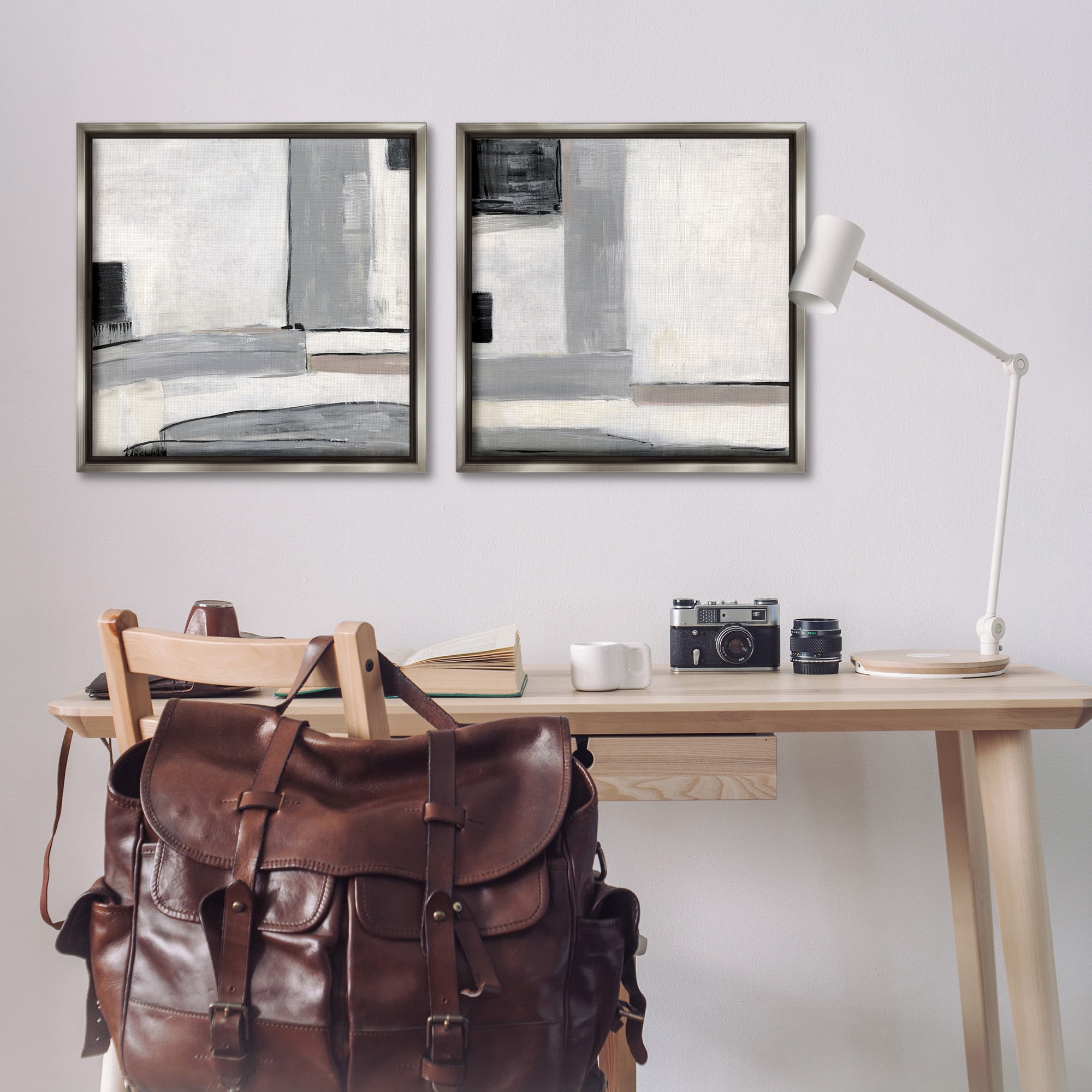 Stupell Industries Industrial Abstract Grey Geometric Abstract Painting Gray Floater Framed Canvas Art Print Wall Art, 25 x 25, Set of 2