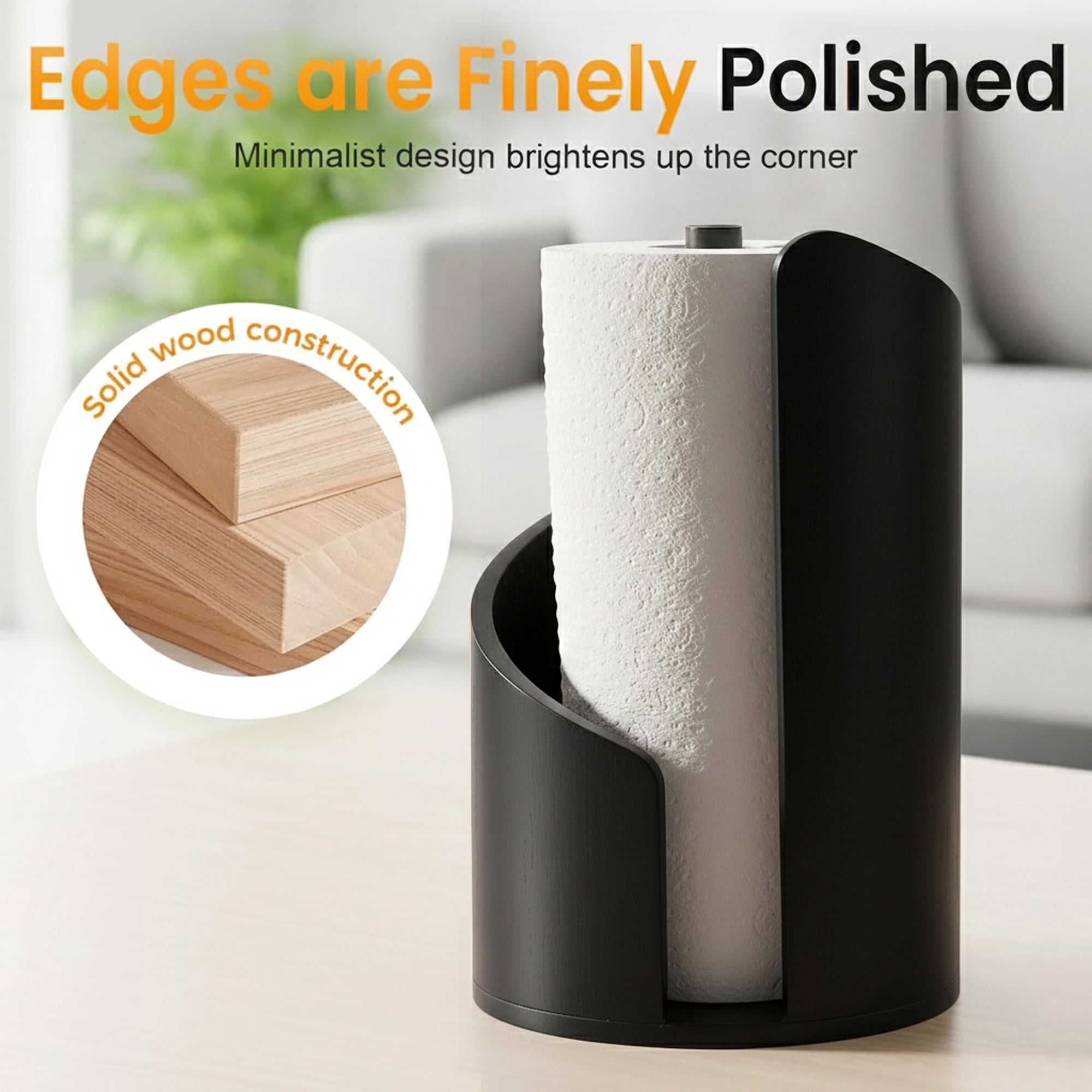 Standing Pine Wood Paper Towel Holder, 11.5" Countertop Dispenser Fits Jumbo Rolls, Modern Semi-Enclosed Design for One-Handed Tear, Brown/Natural/Black