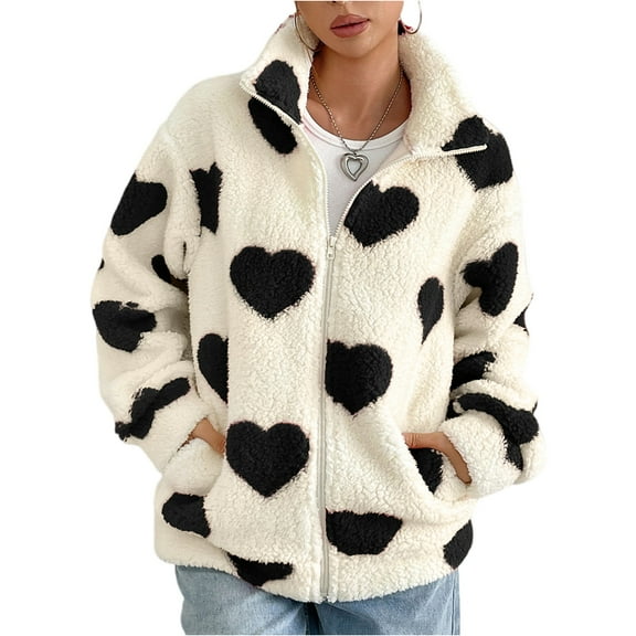 CharmCyan Womens Fleece Zip Up Jacket Plush Sherpa Outerwear Long Sleeve Heart Pattern Stand Collar Casual Coat Black L