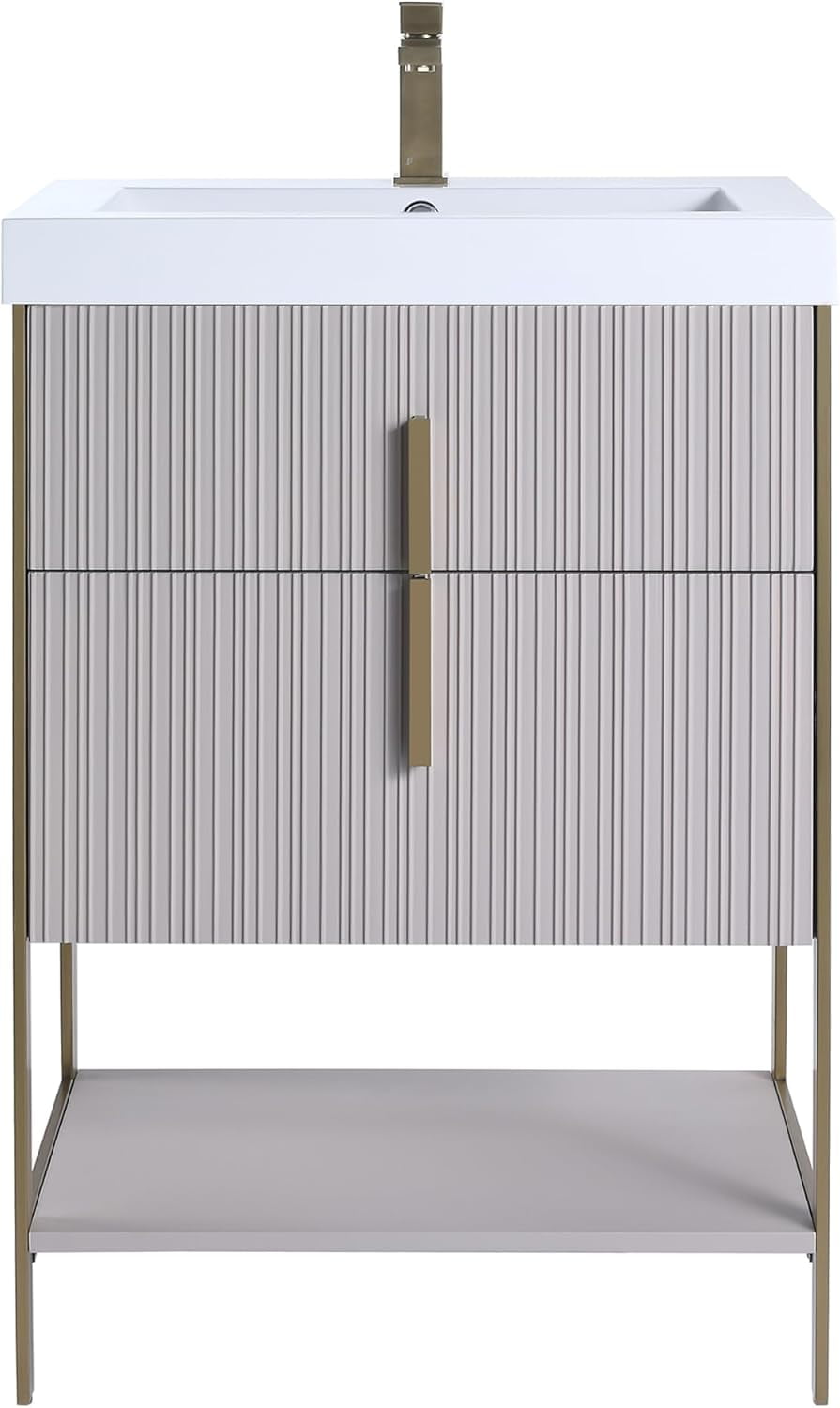 Fine Fixtures Serenity 24 in. W x 18 in. D x 33.5 in. H Bathroom Vanity in Bright Taupe with Gel Coated Thick Edge top in Whte with Satin Brass Hardware