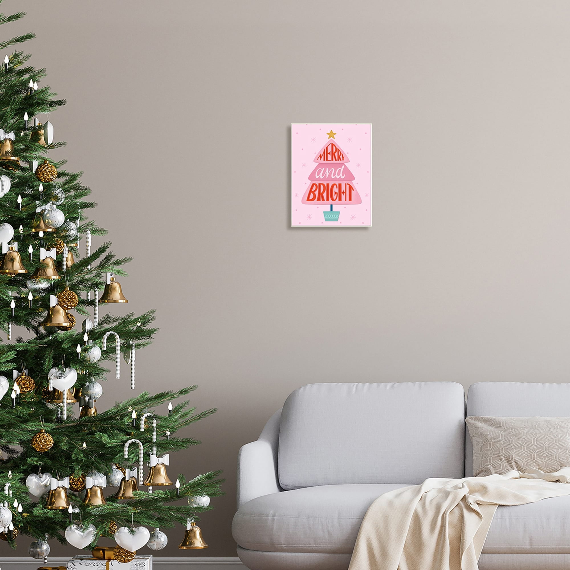 Merry & Bright Typography Pink Christmas Tree Pattern Inspirational Graphic Art Unframed Art Print Wall Art