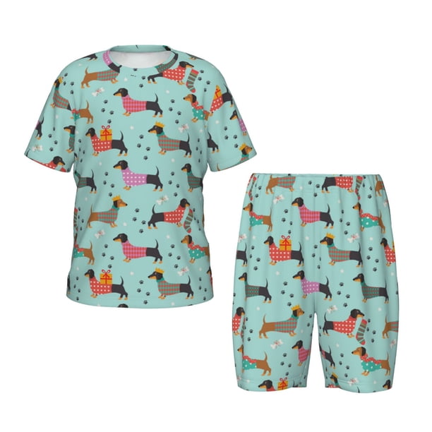 Balery Christmas Dachshund Conjunto de Pijama Infantil de Manga Corta con Estampado – Ropa de Dormir de Algodón Suave-Large