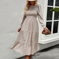 thumbnail image 3 of Vestido floral de cintura alta Vestido midi de fibra de poliéster con cuello redondo elástico de manga larga para citas Verde XL, 3 of 8