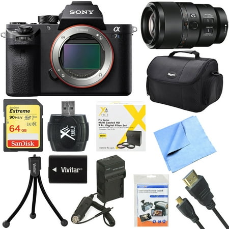 Sony a7S II Full-frame Mirrorless Interchangeable Lens Camera Body 90mm Lens Bundle includes a7S II Body, 90mm Full Frame Lens, 62mm Filter Kit, 64GB Memory Card, Bag, Beach Camera Cloth and