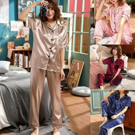 

Fusipu Women Turndown Collar Button up Short Sleeve Blouse Pants Loungewear Pajama Set