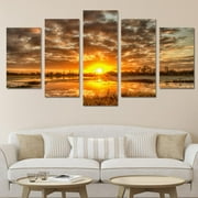 Jlong 5pcs Frameless Nature Landscape Poster Sunset Wall Art Oil Painting Set Canvas Print Pictures Artwork for Home Living Room Bedroom Decor