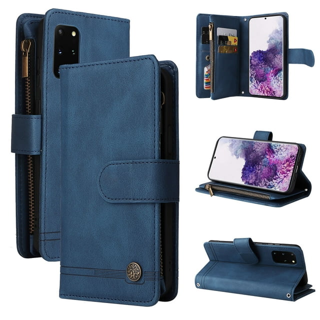 Blue cellphone case for Samsung Galaxy S20 Plus 5G, designed with a multifunctional wallet including a zipper pocket, 9 card slots, and a magnetic flip closure. Crafted from premium PU leather, it offers full-frame protection, shockproof features, and a stand function for reading or video watching.