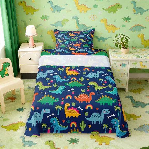 Manfei Cartoon Dinosaur Animals Twin Sheets,Kawaii Cactus Rainbow Bedding,Blue,3 Pieces,1 Flat Sheet,1 Fitted Sheet and 1 Pillowcase