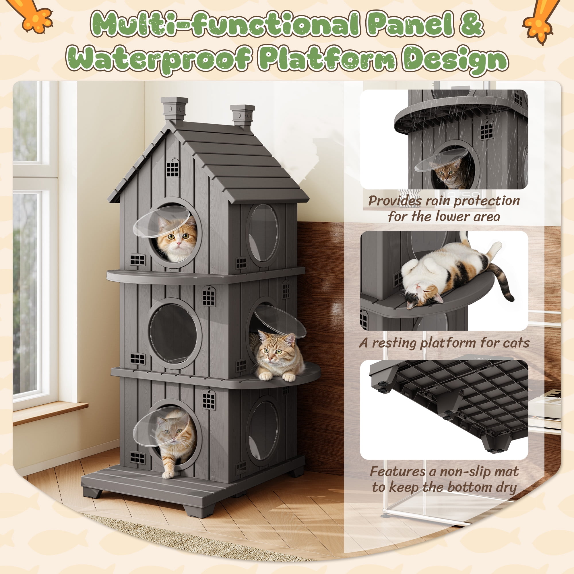 Bifanuo Outdoor Cat House,Weatherproof Resin Cat House,Multi-Layer,Villa-Style Outdoor Cat Shelter,Assemble Easily for Home & Yard,Gray
