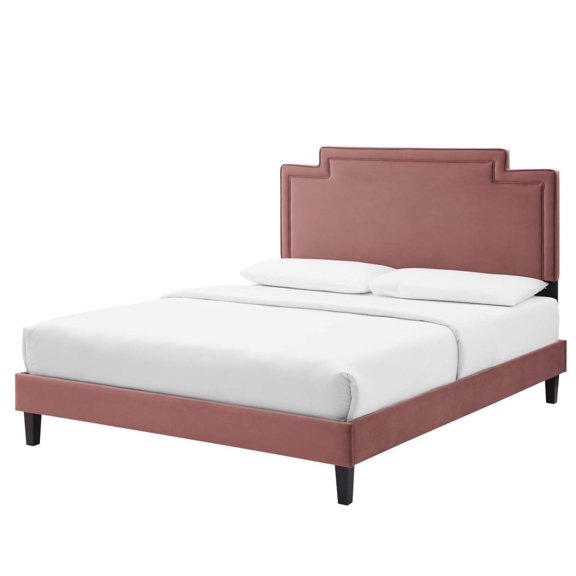 Platform Bed Frame, King Size, Pink, Velvet, Mid Century French Bedroom, Modern Contemporary Boutique HB35481