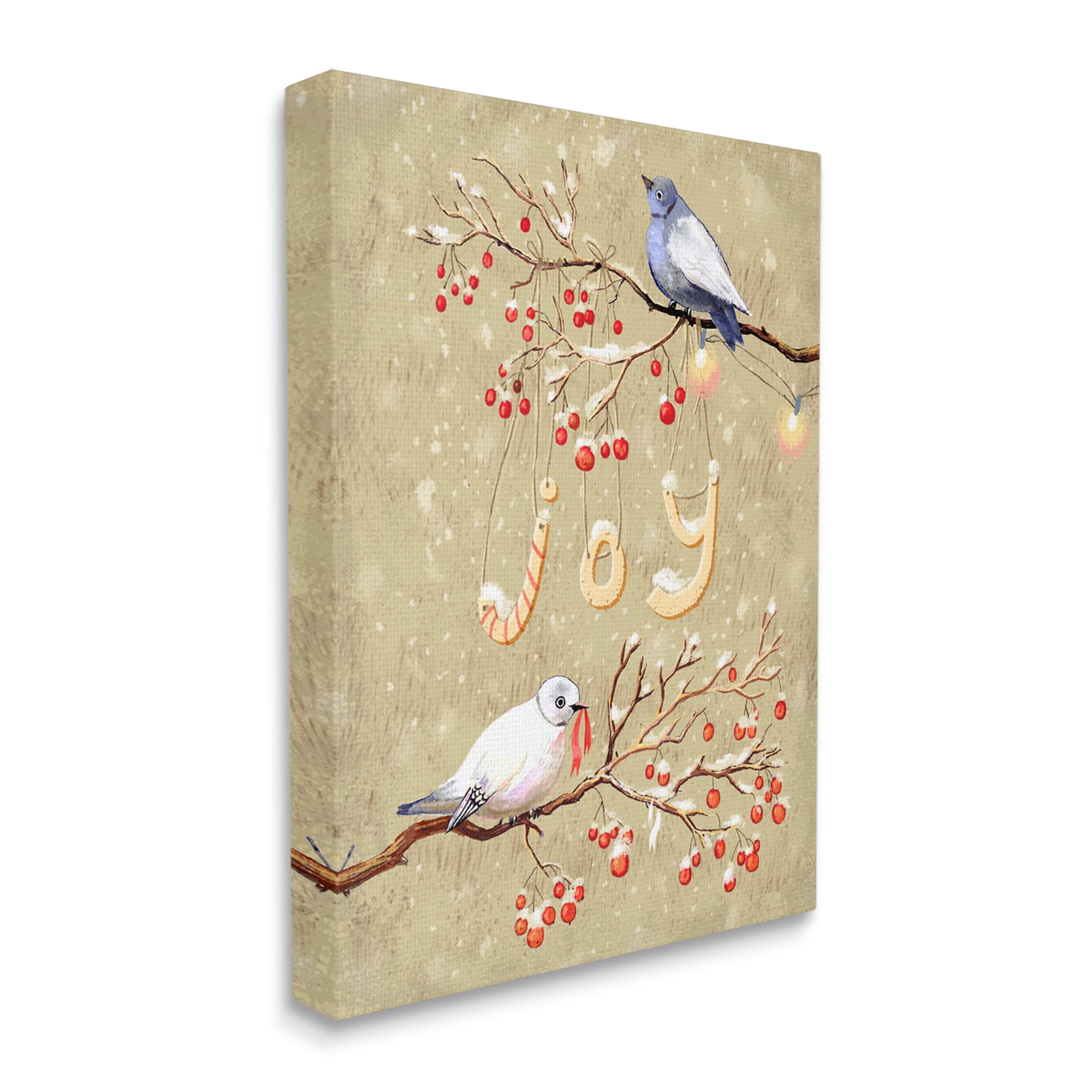 Stupell Industries Joy Birds on Winter Branches Holiday Painting Gallery Wrapped Art Print Wall Art, 24 x 30