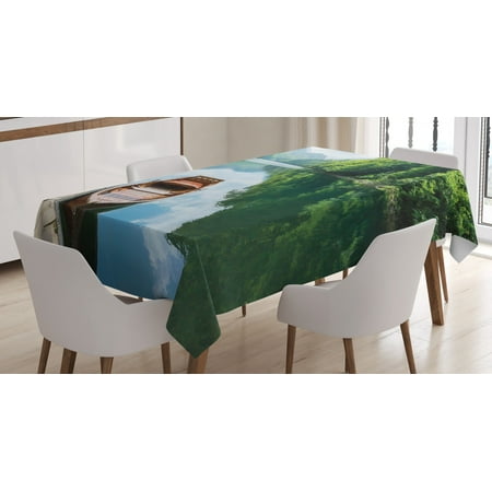

Lake Tablecloth Wooden Boat at Pier on Biograd Mountain Lake Montenegro Idyllic Springtime Rectangular Table Cover for Dining Room Kitchen 60 X 90 Inches Green Brown Pale Blue by Ambesonne