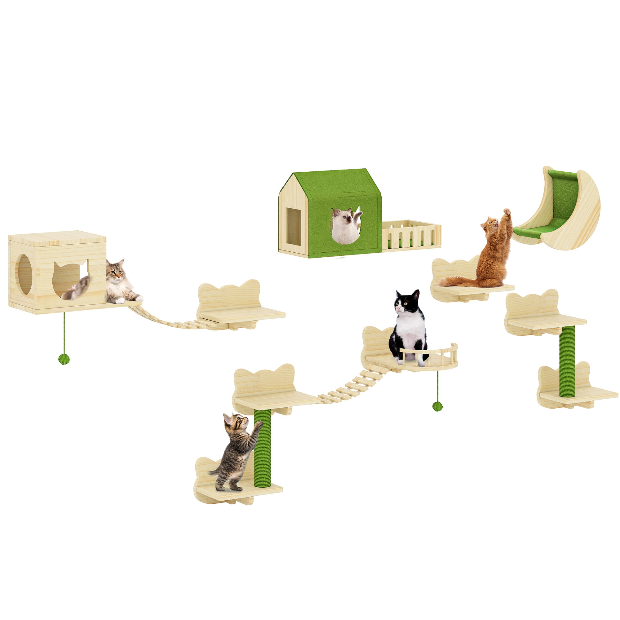 Uforic Cat Wall Shelves and Perches, Wooden Wall-Mounted Cat Furniture Set of 16 with 3 Cat House, 7 Shelves, 2 Sisal Posts & Hanging Balls for Indoor, Green & Wood