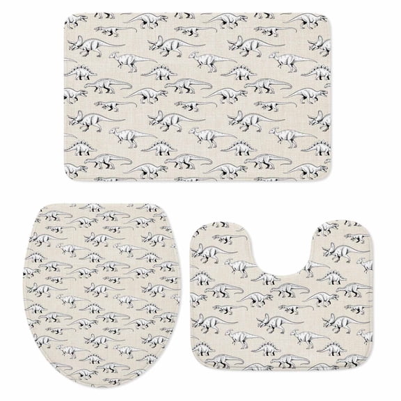 Vintage Bathroom Rugs Set Hand-painted Dinosaur Pattern Primitive Animals Linen Non Slip Absorbent Soft Bath Mats 3 Piece Set with Bathroom Rug, U-Shaped Floor Mat, Toilet Seat Cover Large Size