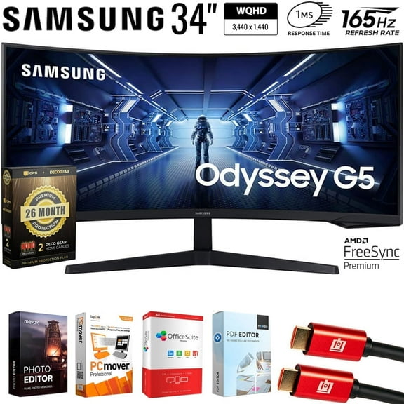 Samsung 34 inch Odyssey G55T WQHD 165Hz 1ms(MPRT) HDR Curved Gaming Monitor Bundle with Elite Suite 18, 2x HDMI Cable and Deco Gear CPS Exclusive 26 Month Protection Pack (BEACH-CPS- 26M500)