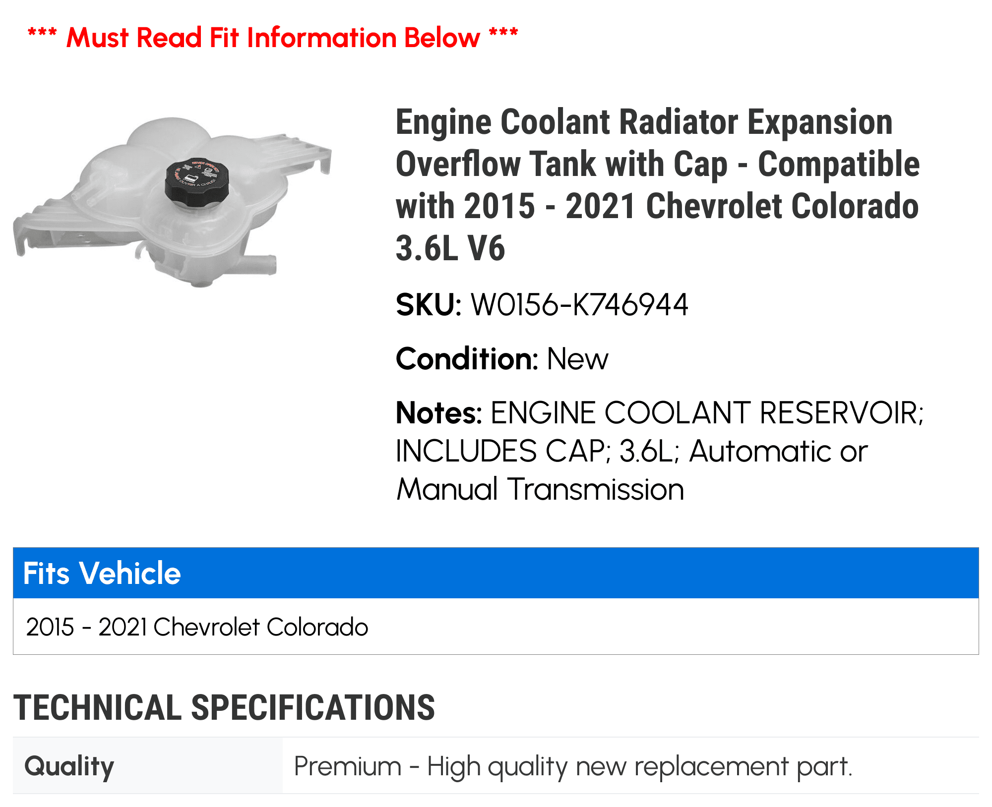 Engine Coolant Radiator Expansion Overflow Tank with Cap - Compatible with 2015 - 2021 Chevy Colorado 3.6L V6 2016 2017 2018 2019 2020