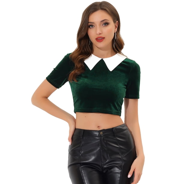 Allegra K Top corto de terciopelo de manga corta con cuello en contraste para mujer Verde oscuro XL