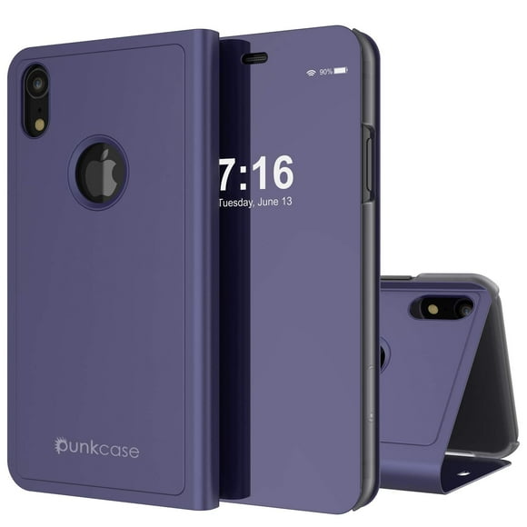 PunkCase iPhone XR Reflector Case Protective Flip Cover W/Scratch Resistant Semi Translucent Mirror Front & Non-Slip PU Leather Back Integrated Kickstand Compatible W/Apple iPhone XR (Purple)
