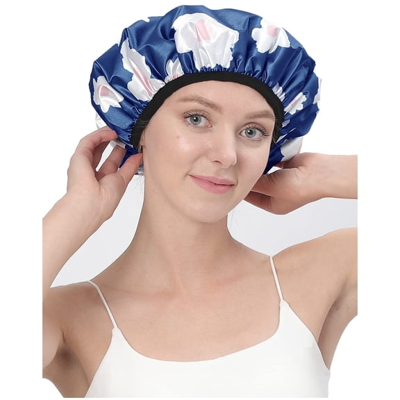 Terry Lined Shower Cap, Large Cap for Women, Reusable Waterproof, Long Thick Hair