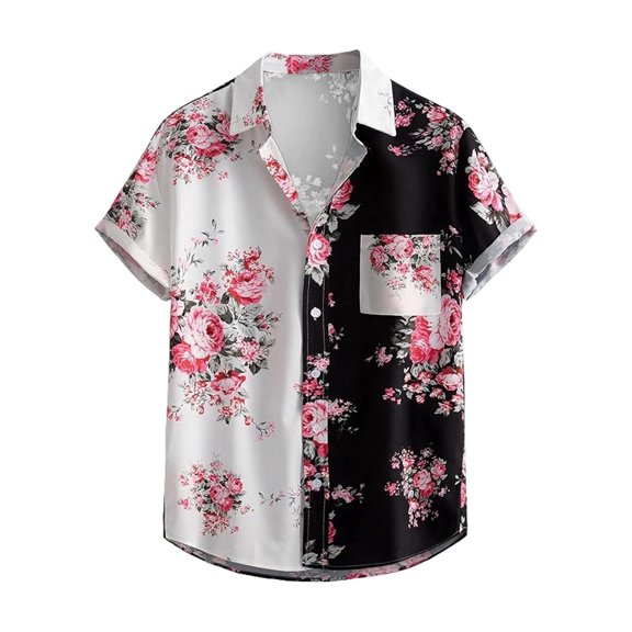 Mens Summer Shirts Lapel Button Down Short Sleeve Floral Print Basic Tops