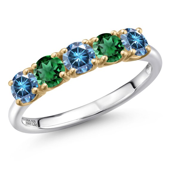Gem Stone King 925 Silver and 10K Yellow Gold Persian Blue Moissanite and Green Nano Emerald Wedding-Bands Ring for Women | 1.29 Cttw | Round 4MM | Gemstone Birthstone | Size 7