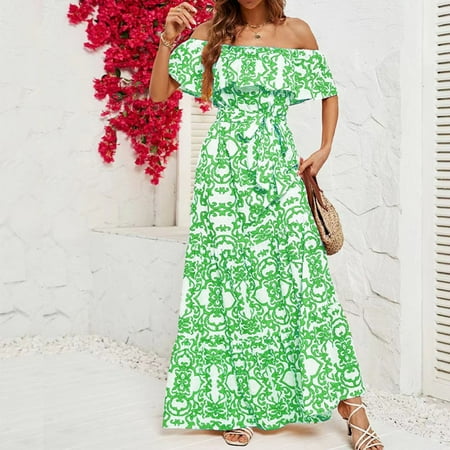 Womens Printed Casual Dresses Mid Length Sleeve One Shoulder Holiday Dresses For Women Chiffon Summer Dress Summer Work Dresses Women Long Dresses Cute Casual Dresses for Women Dresses Women Summer
