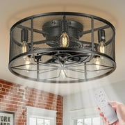 NookNova 18'' Black Farmhouse Caged Ceiling Fan with Lights and Remote, Flush Mount Low Profile Ceiling Fan Lighting, Industrial Bladeless Enclosed Rustic Ceiling Fan Lights for Home Office