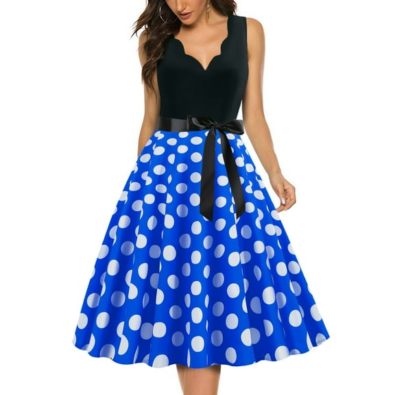 qolati 1950s Dresses for Women Vintage Sleeveless V Neck Polka Dots Print Rockabilly Prom Dress Elegant High Waisted Bow Tie A-Line Swing Midi Dress