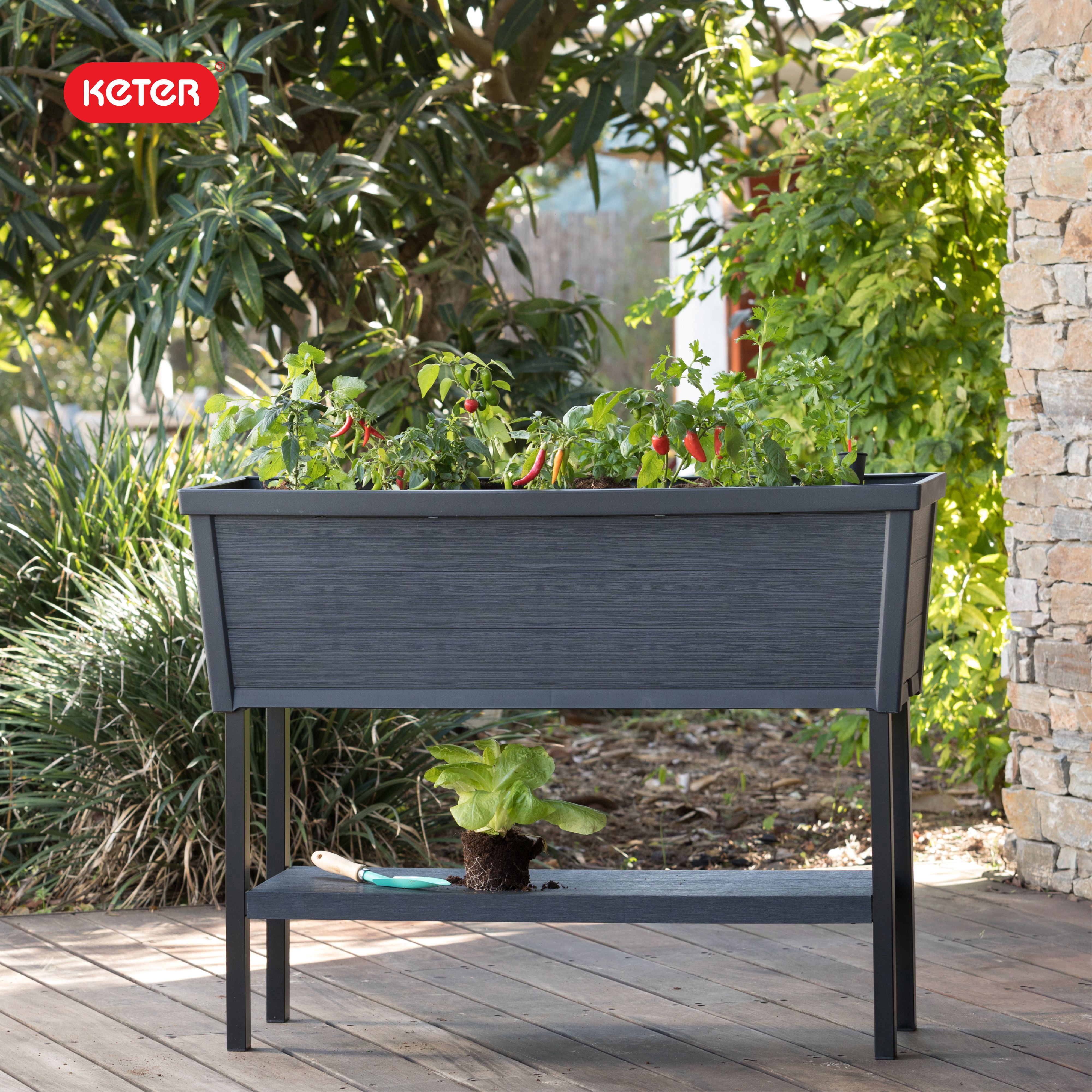 Keter Alfresco Garden Bed 44" x 18" x 33" Durable Wood-Look Raised Garden Bed with Self-Watering and Drainage System Kit, Gray