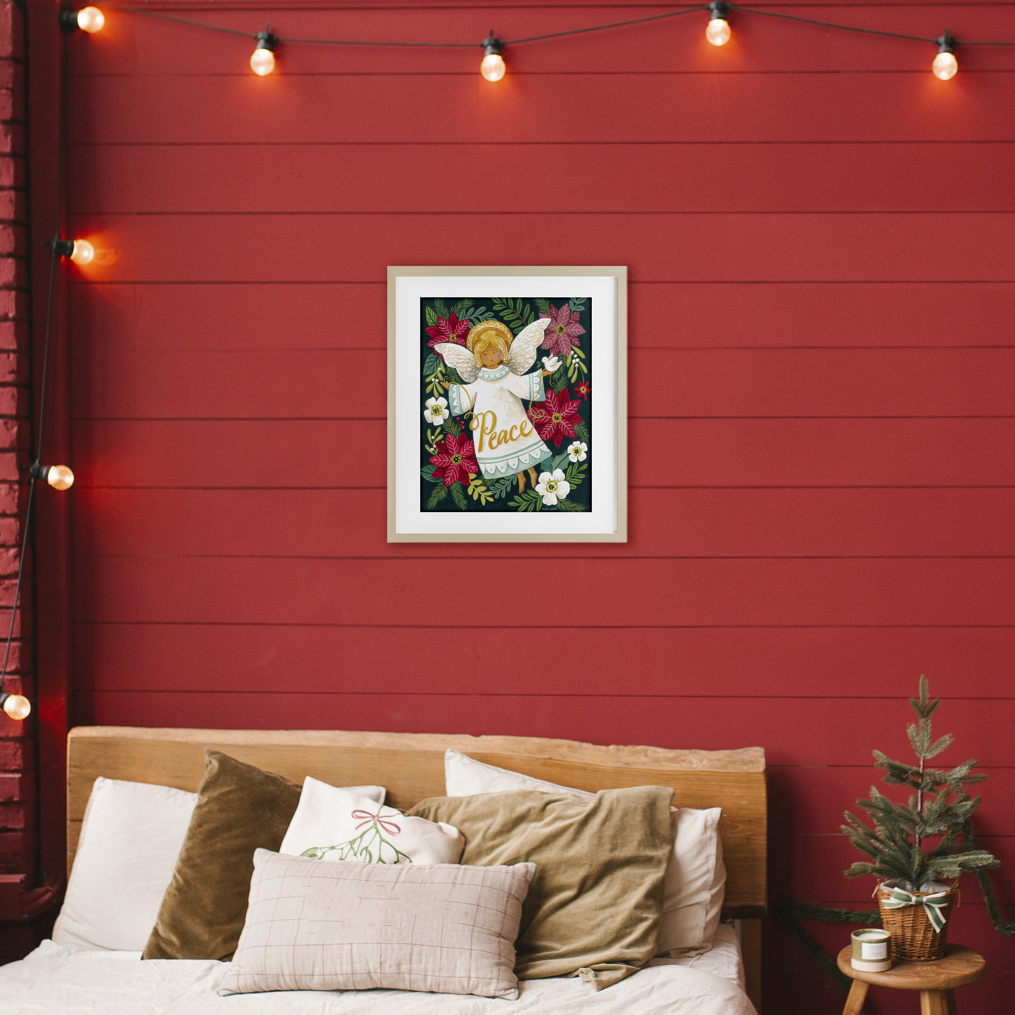 Angel with Peace & Botanicals Birch Framed Print Under Glass, design by Diane Kater