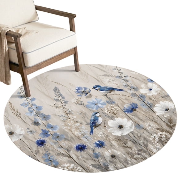 Country Flowers Birds Round Area Rug 5ft Vintage Pastoral Blue White Floral Leaf Non-Slip Washable Circle Rugs Soft Felt Indoor Floor Mat for Bedroom Kitchen Living Room Bathroom