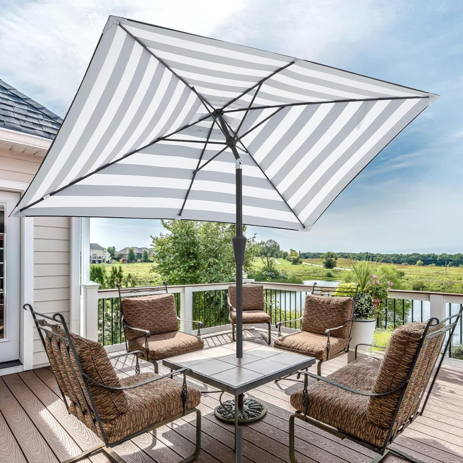 6.5x10 ft Rectangular Patio Umbrellas Outdoor Umbrella with Push Button Tilt and Crank, Market Table Umbrella 6 Sturdy Ribs UV Protection for Poolside Garden Backyard Deck, Black-White Stripe