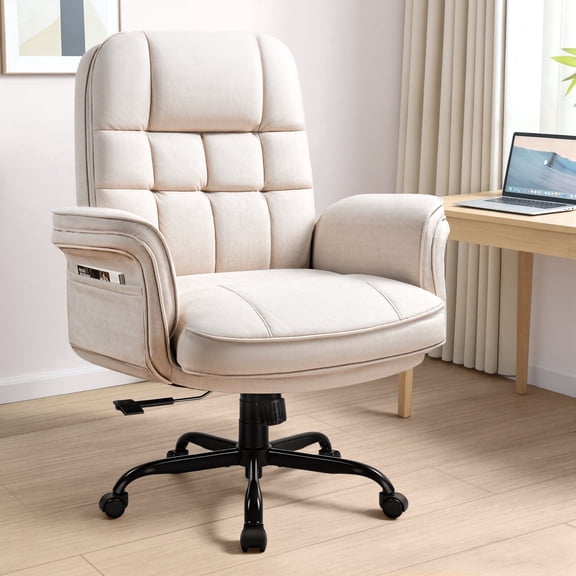 BOSSIN Cross Legged Office Chair with Flip-up Armrests, 135° Reclining Ergonomic Executive Chair for Big and Tall, Wide Seat Computer Desk Chair with Wheels, Beige