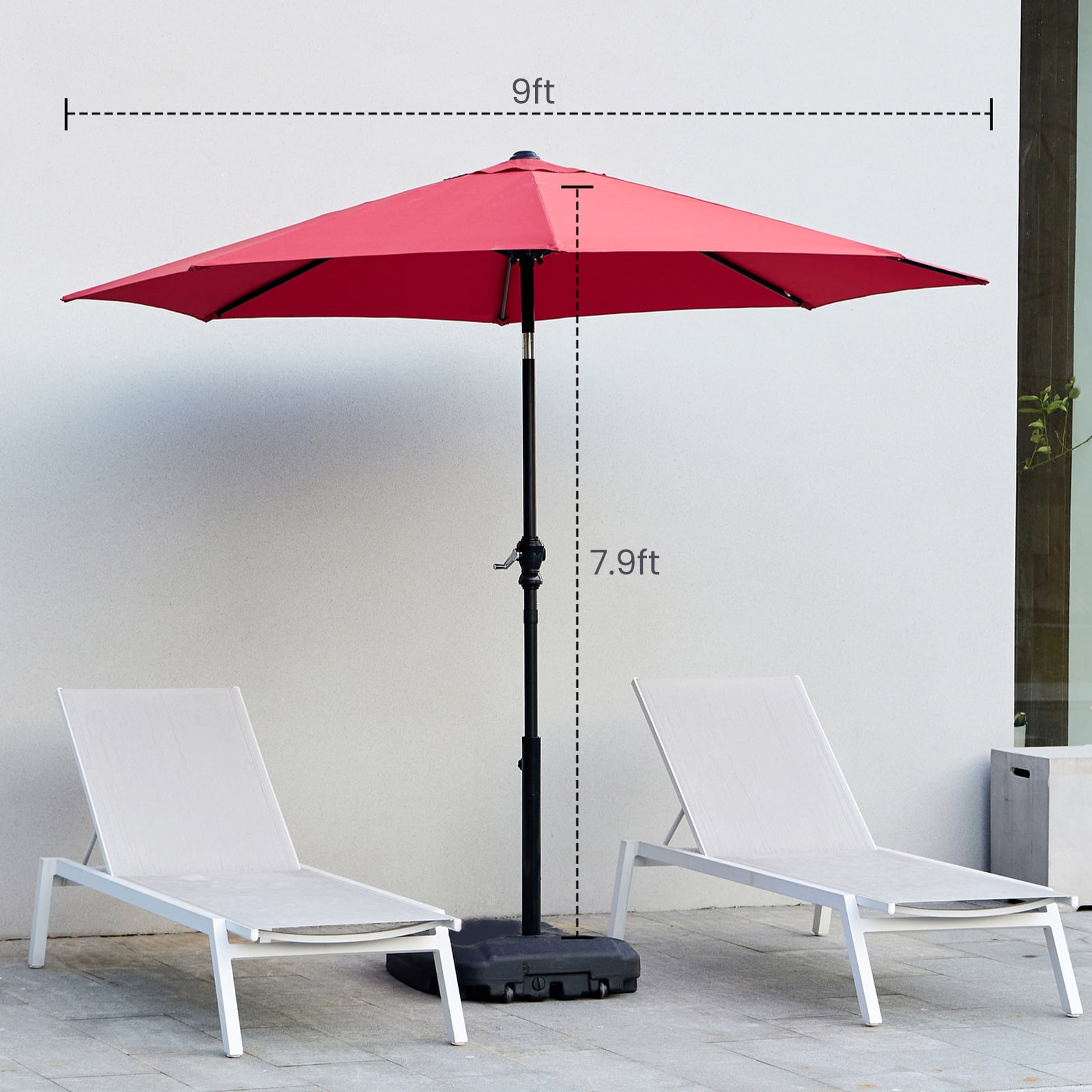 JIOABL Patio Umbrella - 9 ft Outdoor Shade with Crank, 5-Rib Design & UV15+ Fabric for Balcony or Deck, Red