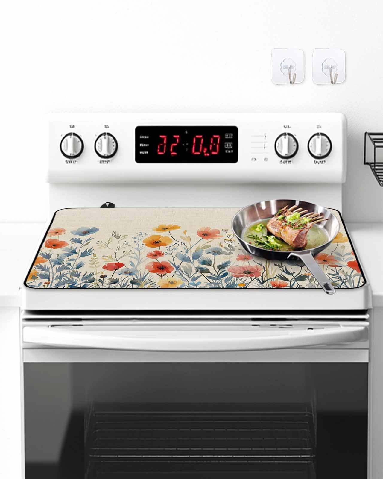 Stove Top Covers for Electric Stove, Spring Floral Glass Stovetop Cover Protector, Watercolor Elegant Summer Botanical Rustic Induction Cooktop Protector Oven Mat for Kitchen Countertop 24"x21"