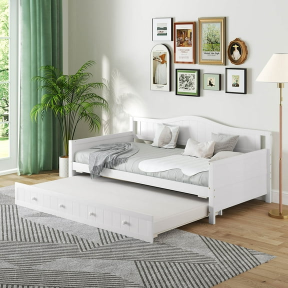 Costway Twin Size Daybed with Trundle Solid Wood Sofa Bed with Slats Support Guest Bed White