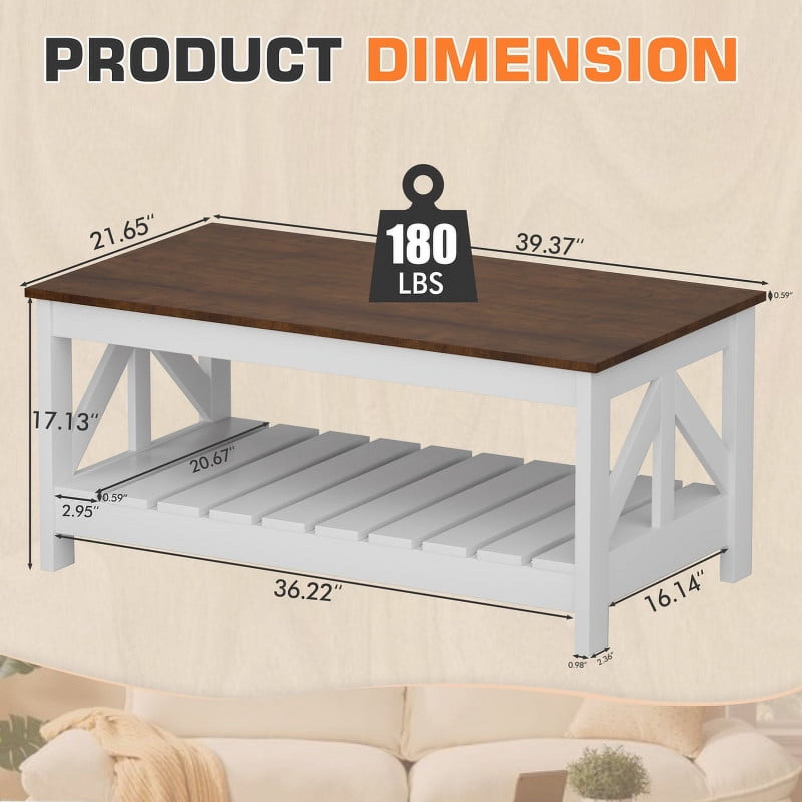 Homall 39" 2-Tier Farmhouse Coffee Table Wood Center Table with Storage Shelf for Living Room, Brown & White