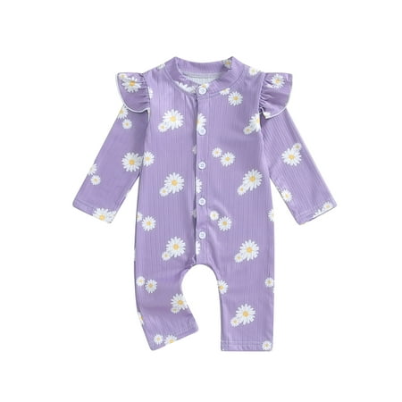 

Jusbysis Baby Girls Button Romper Daisy Print Ruffles Long Sleeve Jumpsuits for Newborn Infant Toddler Fashion Clothes