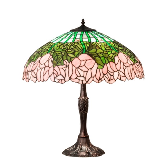 Meyda Tiffany 232802 26 Inch High Tiffany Cabbage Rose Table Lamp Mahogany Bronze Finish with Pink/Green/Blue Glass