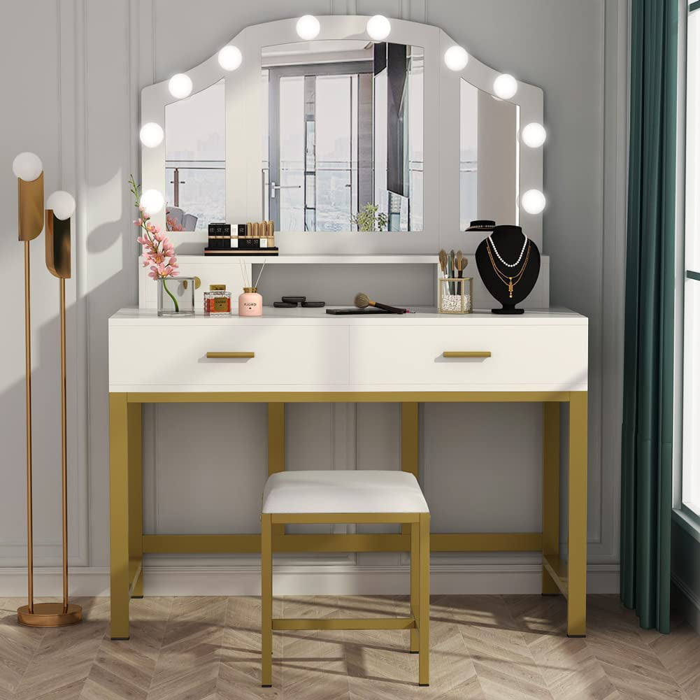 Details about   White Makeup Vanity Table Set with Lights Led Mirror and 4 Drawers Dressing Desk 