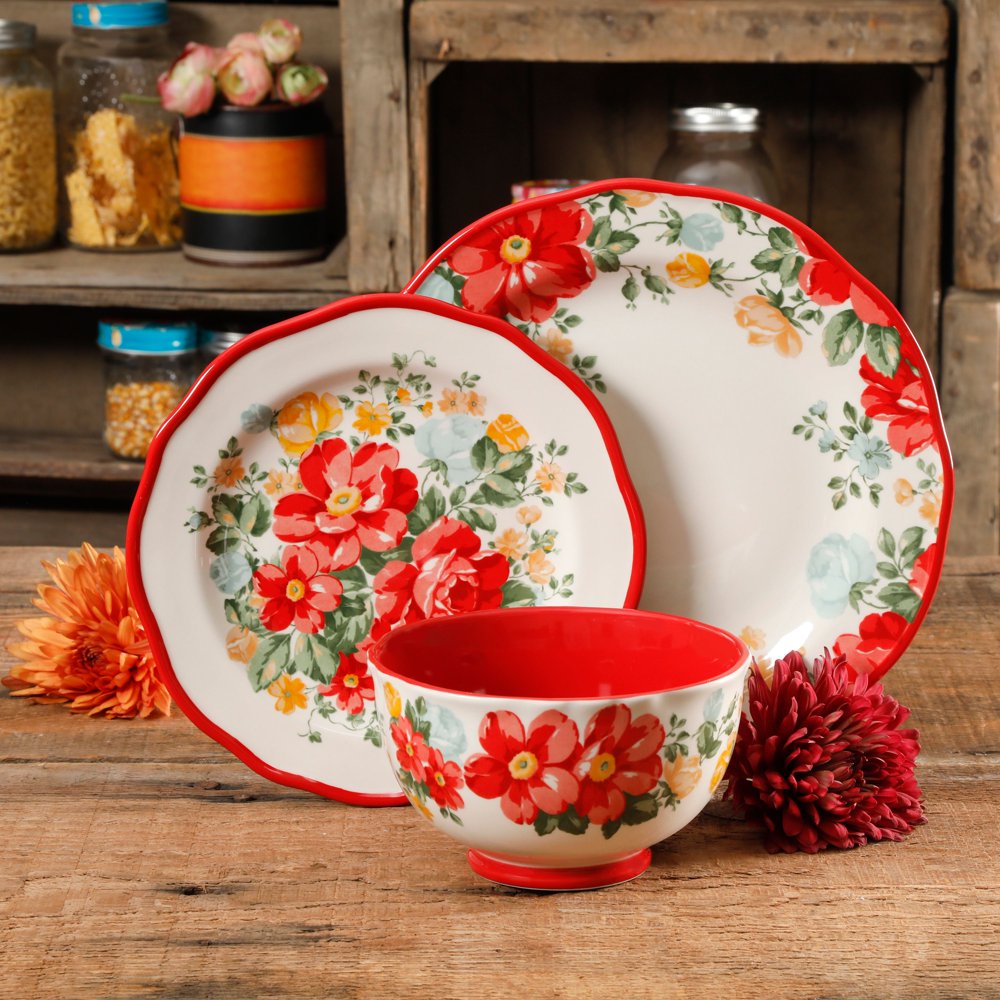 The Pioneer Woman Vintage Floral 12 Piece Dinnerware Set Red Walmart