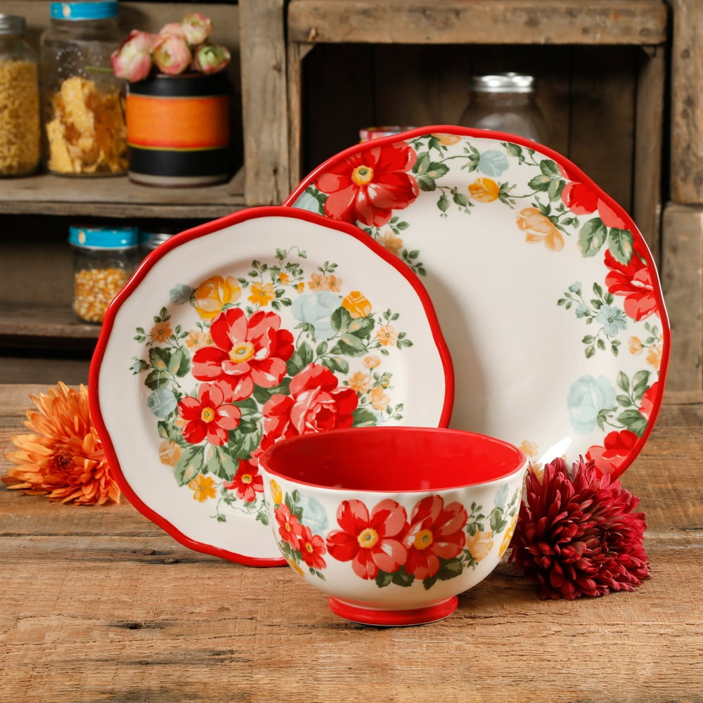 The Pioneer Woman Vintage Floral 12Piece Dinnerware Set, Red Walmart