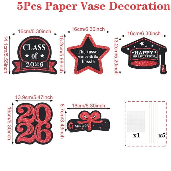 Graduation Decorations 2026, 2026 Graduation Table Decorations, Vase Inserts, Graduation Tassel, Grad Party Decor, Centerpiece Table Decorations, Star Party Decorations, Red, 5 Pc