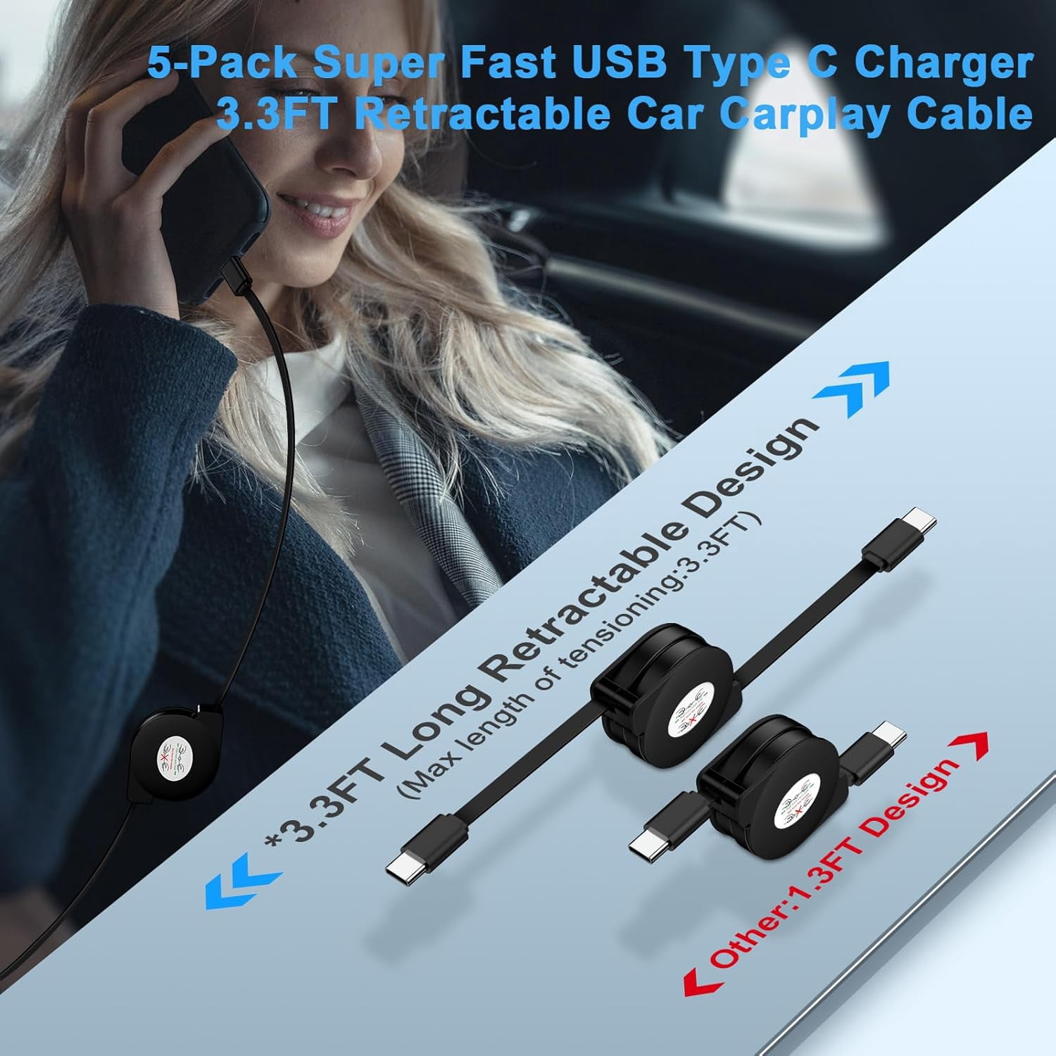 MHAWBL-5Pack Retractable Car Charger USB C Cable Android Phone Charger Fast Charging Cord 3.3FT for Samsung Galaxy A37/A57/S26 Ultra/A17/A36/A56/S25FE/A16/A54/S24/Z Fold7,iPhone 17 Pro Max 16e 15,Pix