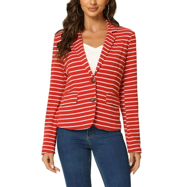 Blazer a rayas rojo para mujer con solapa de muesca y mangas largas con botones