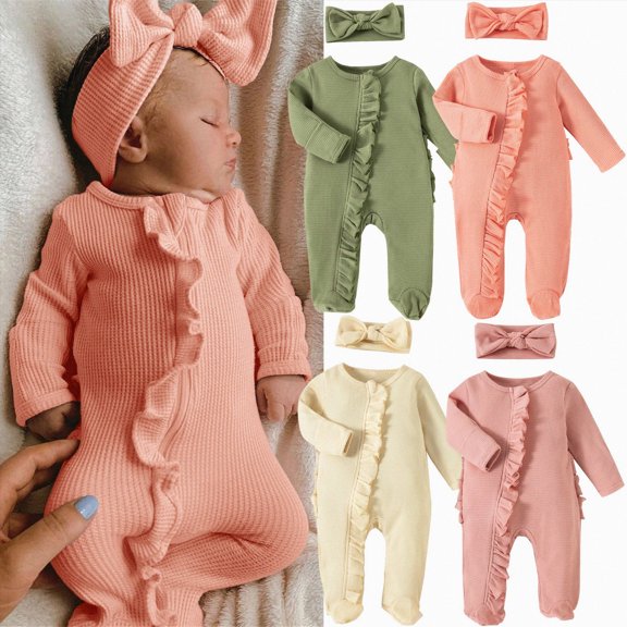 3-6 Months Infant One-Piece Romper Girls Romper Infant Boys Baby Headband 2PCS Ribbed Outfits Jumpsuit Set Footed Boys Romper&Jumpsuit Pink Newborn Gift