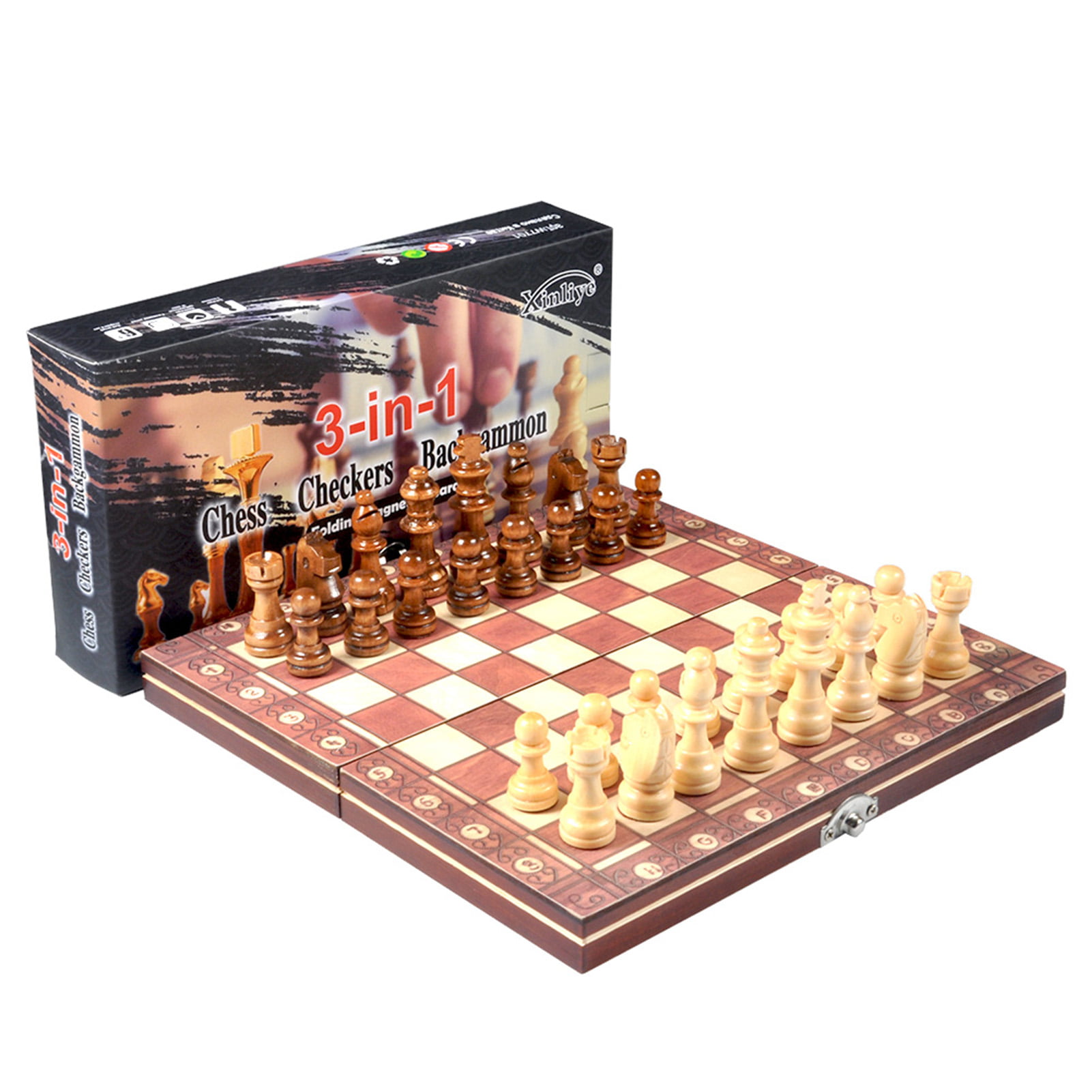 3 In 1 Magnetic Wooden International Chess Set Folding Chessboard Travel Game 