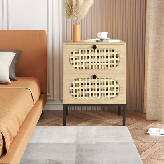 Brafab Nightstand with 2 Handmade Nature Rattan Oval Weave Finish Boho-style Storage Drawers, Side Table, End Table, Cabinet With Wood Accent And Metal Legs For Bedroom,Living Room