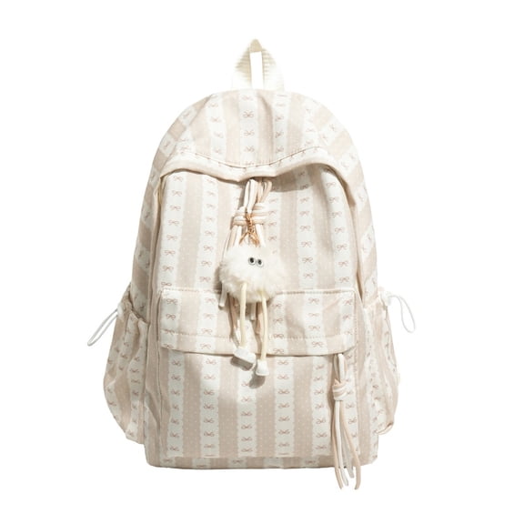 Striped Bow School Backpack, Chic Backpack with Drawstring Side Pocket, Nylon Waterproof Bookbag for College Shopping Travel, Khaki